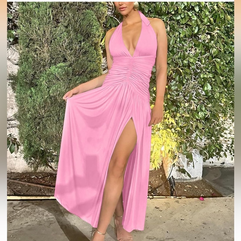 NWT Sexy Halter Deep V Neck Long Dress Sleeveless Backless High Slit Ruched